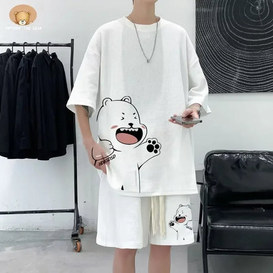 4XL Large Men's Sports Suit Japan High Street Fashion T-shirt Shorts Two-piece Set Men Retro New Neck Top Designer Clothes Men